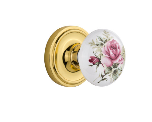 Nostalgic 710980: Classic Rosette w/White Rose Porcelain Knob Single Dummy Door Set - Polished Brass
