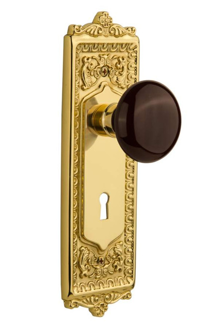 Nostalgic 710842: Mortise Egg-Dart Plate Brown Porcelain Knob - Polished Brass