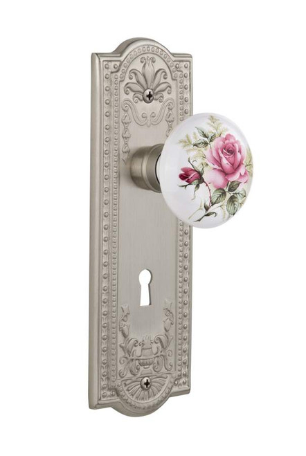 Nostalgic 711290: Mortise Meadows Plate Rose Porcelain Knob Keyhole - Satin Nickel