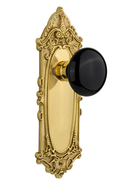 Nostalgic 710039: Victorian Backplate w/Black Porcelain Knob Passage Door Set - Polished Brass