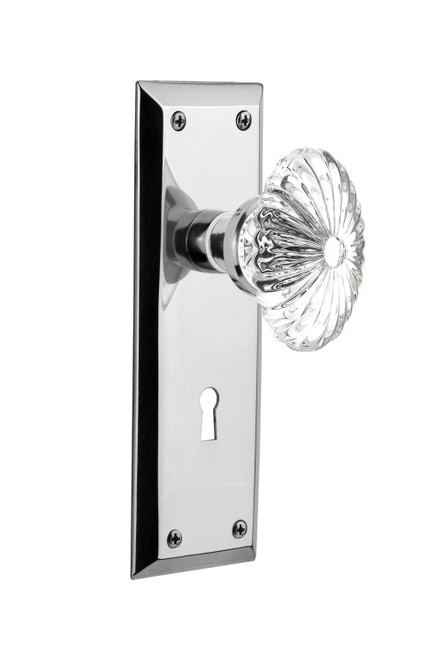 Nostalgic 711837: New York Backplate w/Oval Fluted Clear Glass Crystal Knob Passage Door Set - Bright Chrome