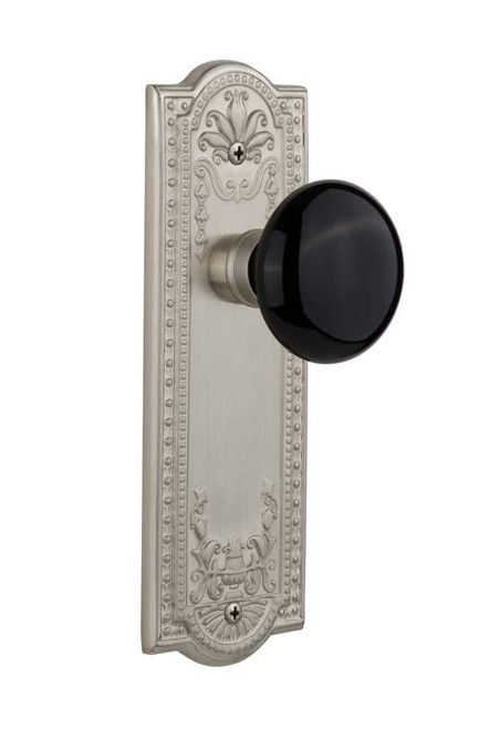 Nostalgic 710115: Meadows Backplate w/Black Porcelain Knob Single Dummy Door Set - Satin Nickel