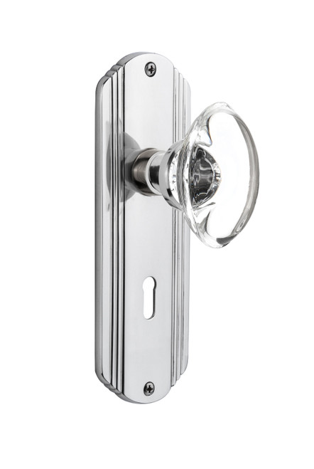 Nostalgic 711376: Deco Backplate w/Oval Clear Glass Crystal Knob Passage Door Set - Bright Chrome