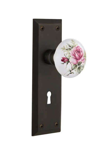 Nostalgic 711246: New York Backplate w/White Rose Porcelain Knob Privacy Door Set - Oil-Rubbed Bronze
