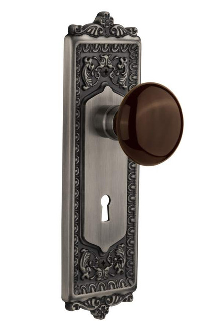 Nostalgic 710790: Egg & Dart Backplate w/Brown Porcelain Knob Privacy Door Set - Antique Pewter
