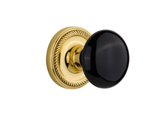 Nostalgic 710128: Rope Rosette w/Black Porcelain Knob Single Dummy Door Set - Polished Brass
