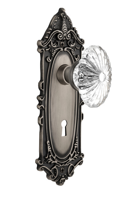 Nostalgic 711850: Victorian Backplate w/Oval Fluted Clear Glass Crystal Knob Passage Door Set - Antique Pewter