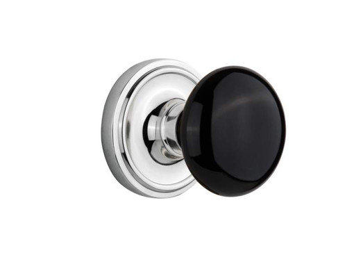 Nostalgic 710386: Mortise Classic Rose w/ Black Porcelain Knob - Bright Chrome