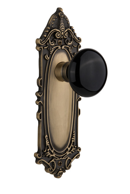 Nostalgic 710131: Victorian Backplate w/Black Porcelain Knob Single Dummy Door Set - Antique Brass