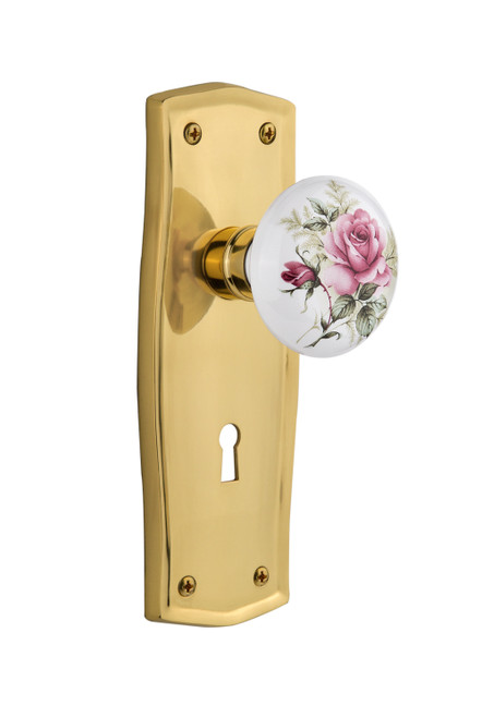 Nostalgic 711254: Prairie Backplate w/White Rose Porcelain Knob Privacy Door Set - Polished Brass