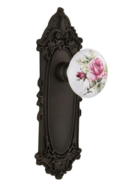 Nostalgic 711014: Victorian Backplate w/White Rose Porcelain Knob Single Dummy Door Set - Oil-Rubbed Bronze