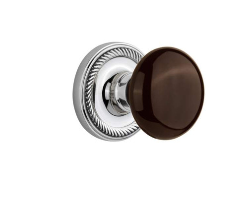 Nostalgic 710868: Mortise Rope Rose w/ Brown Porcelain Knob - Bright Chrome
