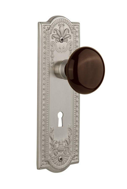 Nostalgic 710801: Meadows Backplate w/Brown Porcelain Knob Privacy Door Set - Satin Nickel