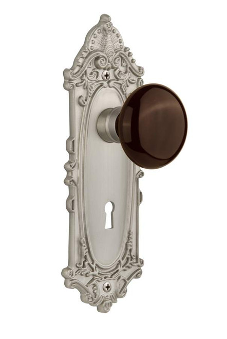 Nostalgic 710630: Victorian Backplate w/Brown Porcelain Knob Single Dummy Door Set - Satin Nickel