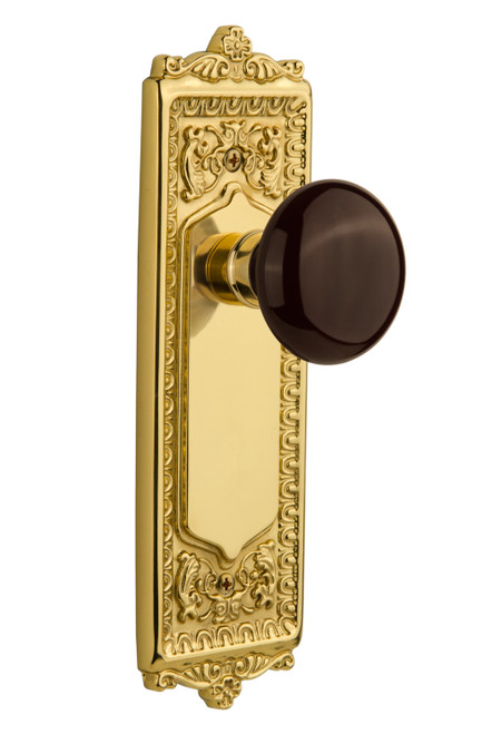 Nostalgic 710547: Egg & Dart Backplate w/Brown Porcelain Knob Single Dummy Door Set - Polished Brass
