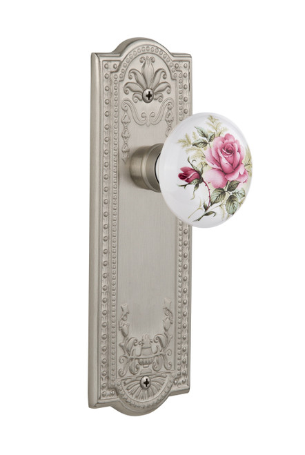 Nostalgic 711187: Meadows Backplate w/White Rose Porcelain Knob Privacy Door Set - Satin Nickel
