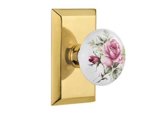 Nostalgic 711027: Studio Backplate w/White Rose Porcelain Knob Single Dummy Door Set - Polished Brass