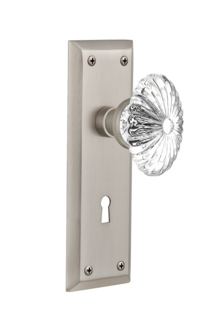 Nostalgic 711936: New York Backplate w/Oval Fluted Clear Glass Crystal Knob Single Dummy Door Set - Satin Nickel
