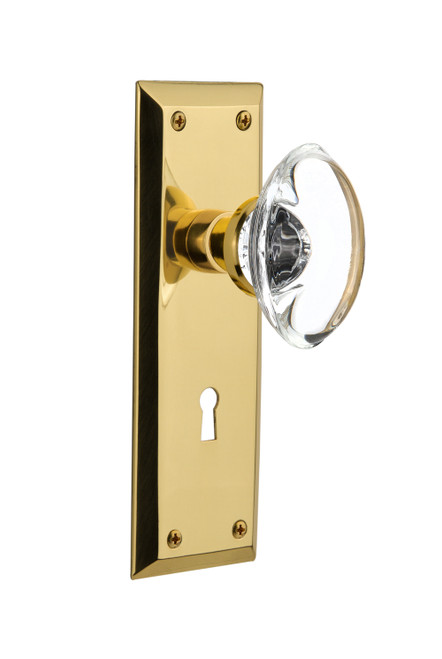 Nostalgic 711399: New York Backplate w/Oval Clear Glass Crystal Knob Passage Door Set - Polished Brass