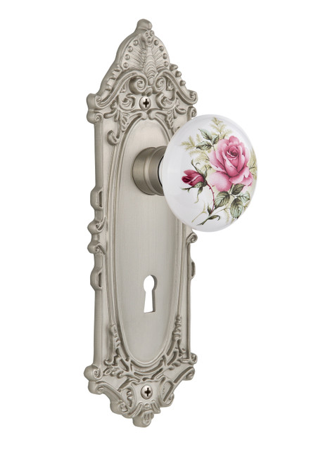 Nostalgic 711262: Victorian Backplate w/White Rose Porcelain Knob Privacy Door Set - Satin Nickel