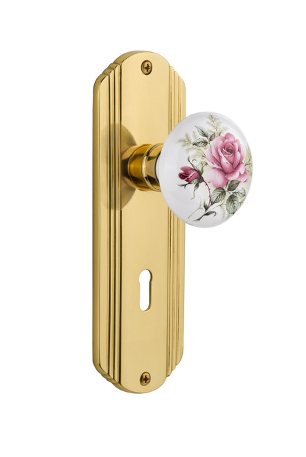 Nostalgic 711034: Deco Backplate w/White Rose Porcelain Knob Single Dummy Door Set - Polished Brass
