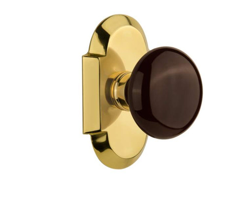 Nostalgic 712982: Cottage Backplate w/Brown Porcelain Knob Privacy Door Set - Polished Brass