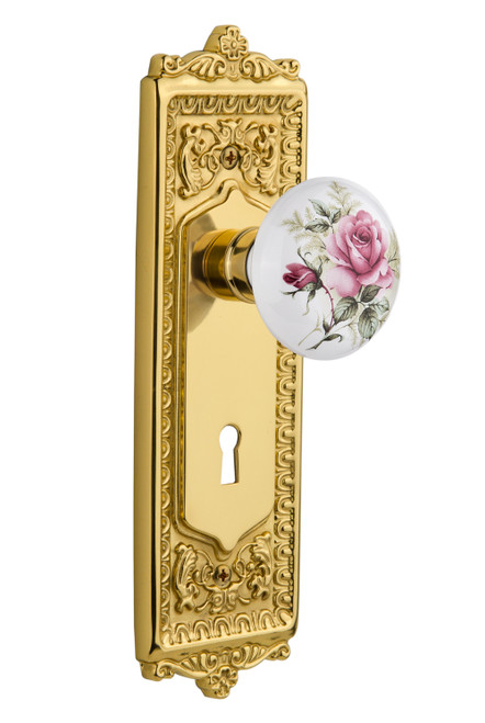 Nostalgic 711041: Egg & Dart Backplate w/White Rose Porcelain Knob Single Dummy Door Set - Polished Brass