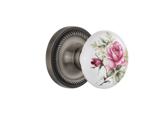 Nostalgic 711197: Rope Rosette w/White Rose Porcelain Knob Privacy Door Set - Antique Pewter