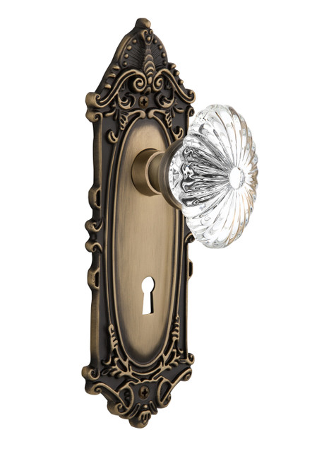 Nostalgic 711945: Victorian Backplate w/Oval Fluted Clear Glass Crystal Knob Single Dummy Door Set - Antique Brass