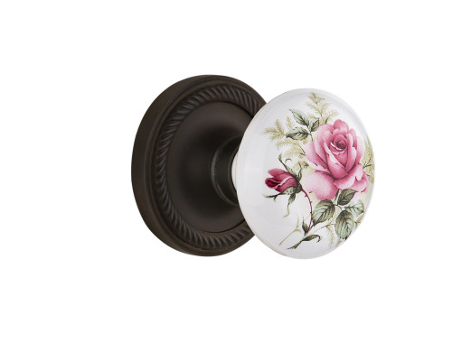 Nostalgic 711199: Rope Rosette w/White Rose Porcelain Knob Privacy Door Set - Oil-Rubbed Bronze