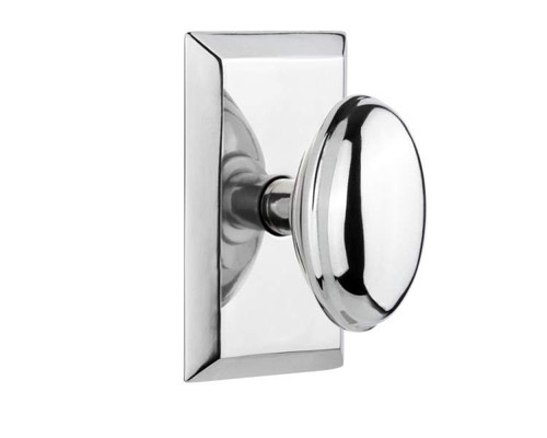 Nostalgic 713224: Studio Backplate w/Homestead Knob Passage Door Set - Bright Chrome