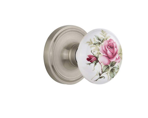 Nostalgic 710885: Classic Rosette w/White Rose Porcelain Knob Passage Door Set - Satin Nickel