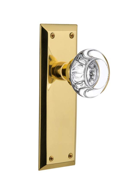 Nostalgic 712513: New York Backplate w/Round Clear Glass Crystal Knob Privacy Door Set - Polished Brass