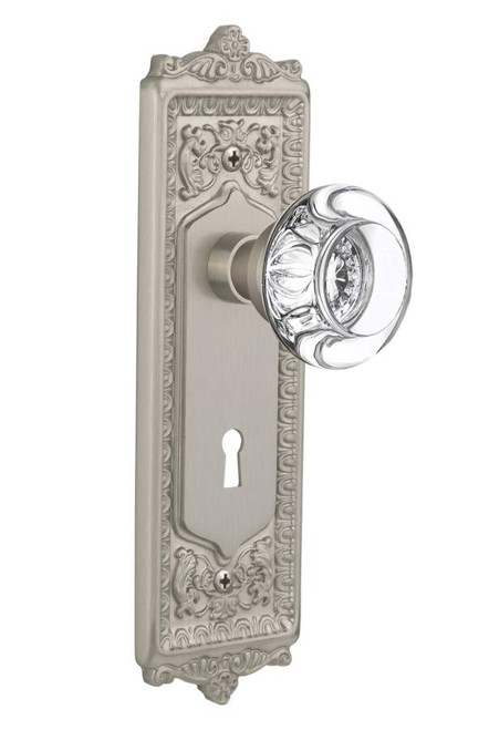 Nostalgic 712362: Egg & Dart Backplate w/Round Clear Glass Crystal Knob Single Dummy Door Set - Satin Nickel