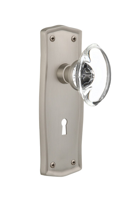 Nostalgic 711503: Prairie Backplate w/Oval Clear Glass Crystal Knob Single Dummy Door Set - Satin Nickel