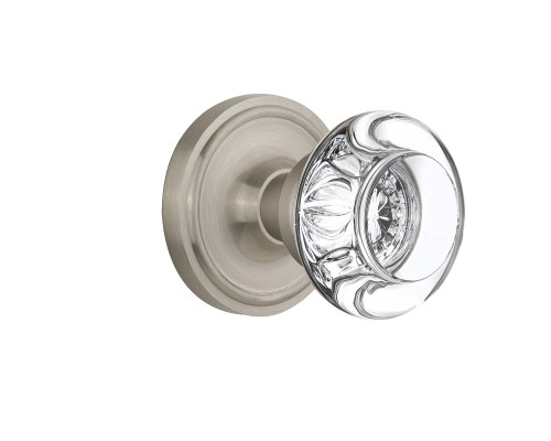 Nostalgic 712205: Classic Rosette w/Round Clear Glass Crystal Knob Passage Door Set - Satin Nickel