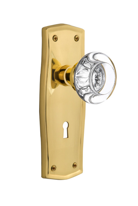 Nostalgic 712286: Prairie Backplate w/Round Clear Glass Crystal Knob Passage Door Set - Polished Brass
