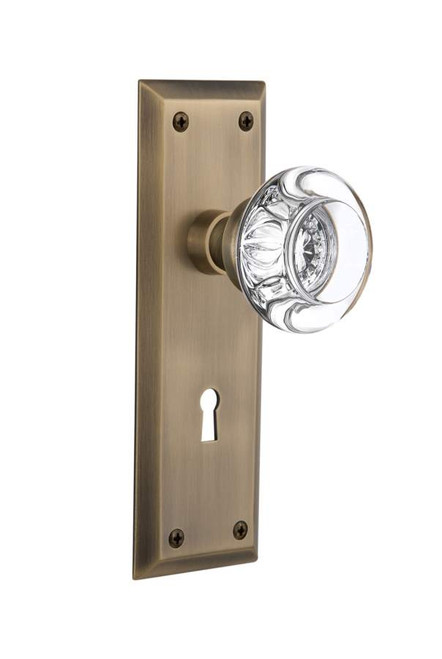 Nostalgic 712612: Mortise New York Plate Round Clear Crystal Knob - Antique Brass