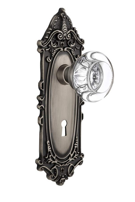Nostalgic 712290: Victorian Backplate w/Round Clear Glass Crystal Knob Passage Door Set - Antique Pewter