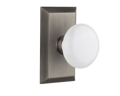 Nostalgic 713490: Studio Backplate w/White Porcelain Knob Single Dummy Door Set - Antique Pewter