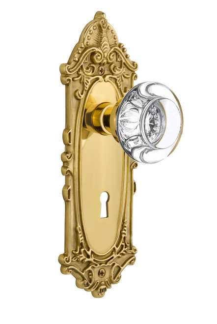 Nostalgic 712293: Victorian Backplate w/Round Clear Glass Crystal Knob Passage Door Set - Polished Brass