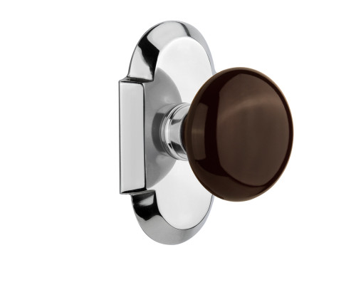 Nostalgic 713076: Cottage Backplate w/Brown Porcelain Knob Single Dummy Door Set - Bright Chrome