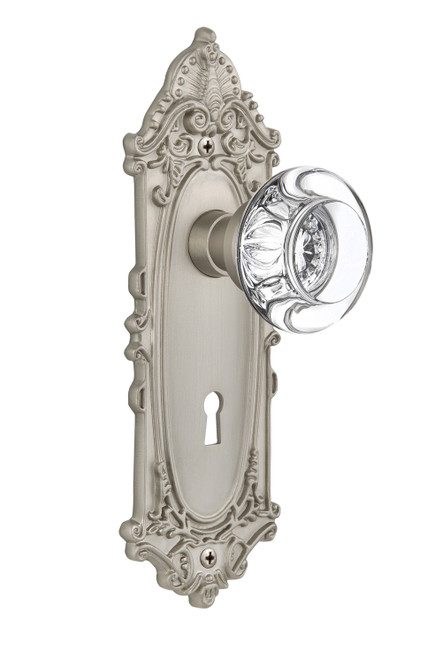 Nostalgic 712294: Victorian Backplate w/Round Clear Glass Crystal Knob Passage Door Set - Satin Nickel