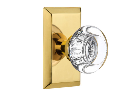 Nostalgic 713260: Studio Backplate w/Round Clear Glass Crystal Knob Passage Door Set - Polished Brass