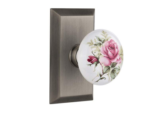 Nostalgic 713264: Studio Backplate w/White Rose Porcelain Knob Passage Door Set - Antique Pewter
