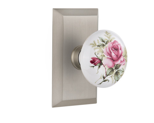 Nostalgic 713268: Studio Backplate w/White Rose Porcelain Knob Passage Door Set - Satin Nickel