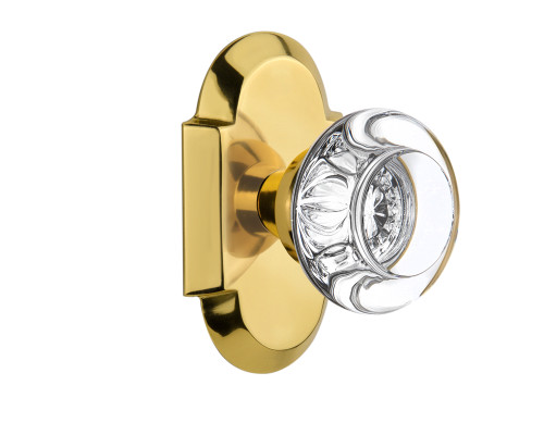 Nostalgic 712852: Cottage Backplate w/Round Clear Glass Crystal Knob Passage Door Set - Polished Brass