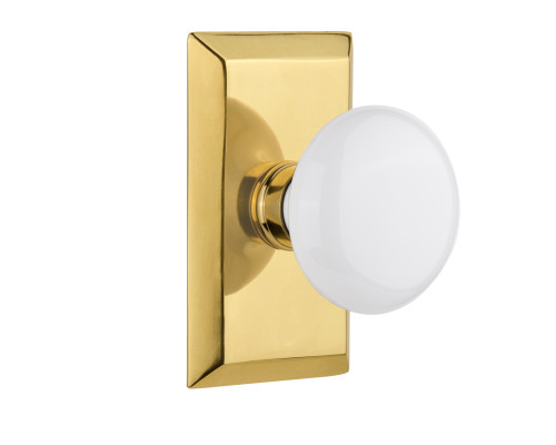 Nostalgic 713397: Studio Backplate w/White Porcelain Knob Privacy Door Set - Polished Brass