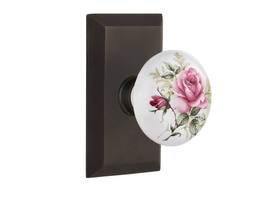 Nostalgic 713458: Studio Backplate w/White Rose Porcelain Knob Single Dummy Door Set - Oil-Rubbed Bronze