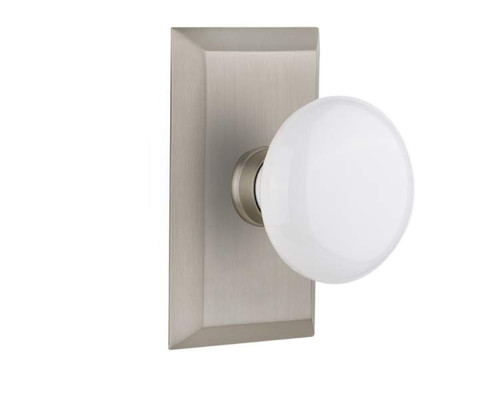 Nostalgic 713398: Studio Backplate w/White Porcelain Knob Privacy Door Set - Satin Nickel